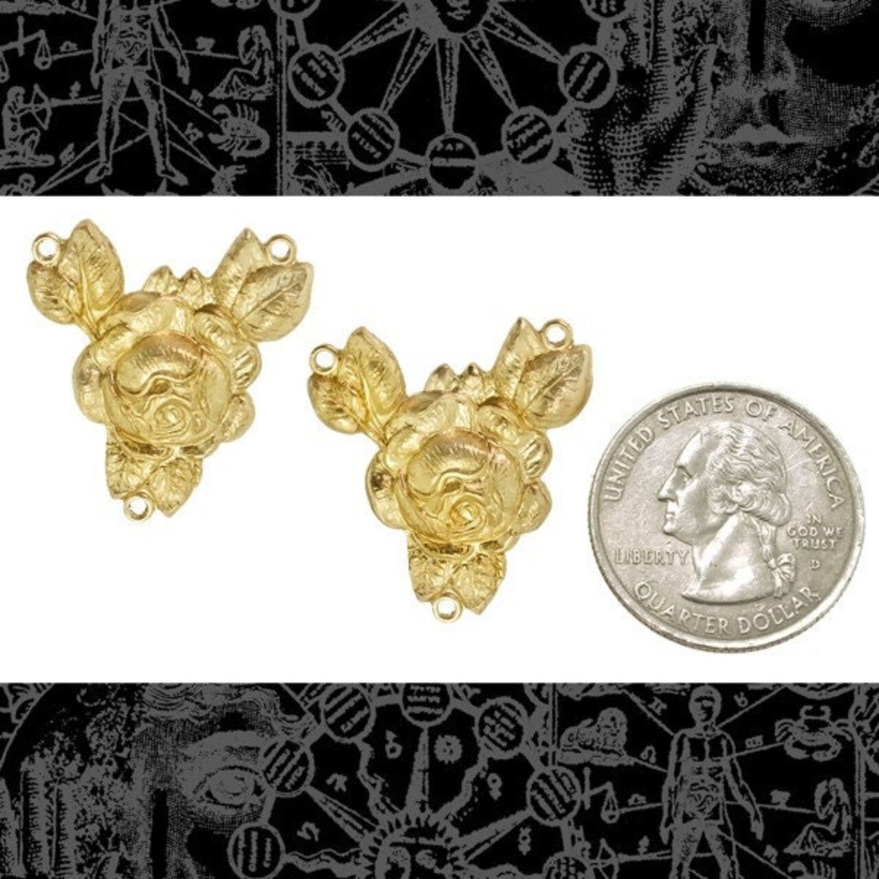 Raw Brass Full Flowering Rose Three Ring Connecters - Set of Two - B-3C03